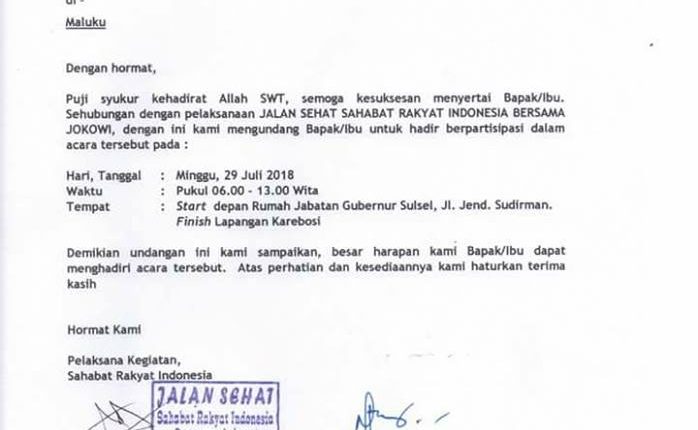 Undangan Jalan Sehat Bersama Jokowi. (Ist)